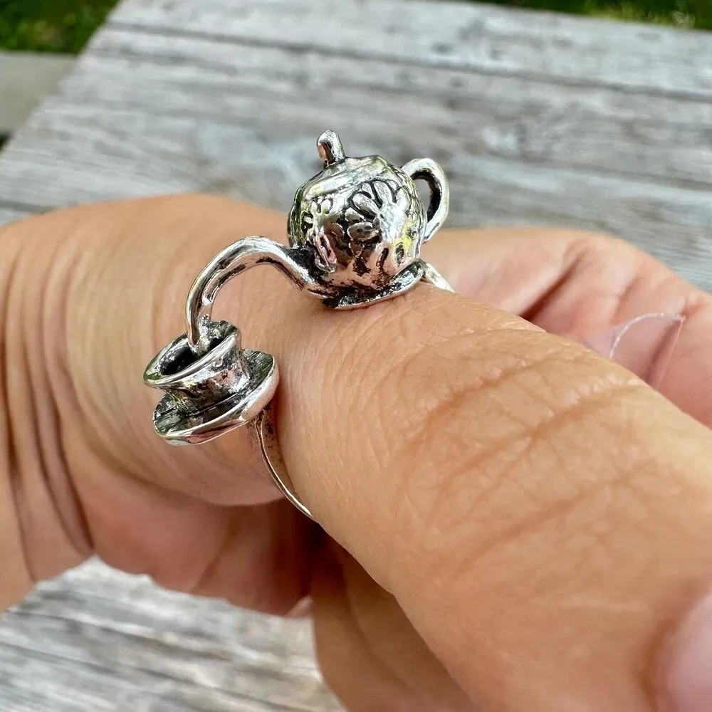 Silver Tone Tea Pot Ring  Tea Time Ring Unique Gift